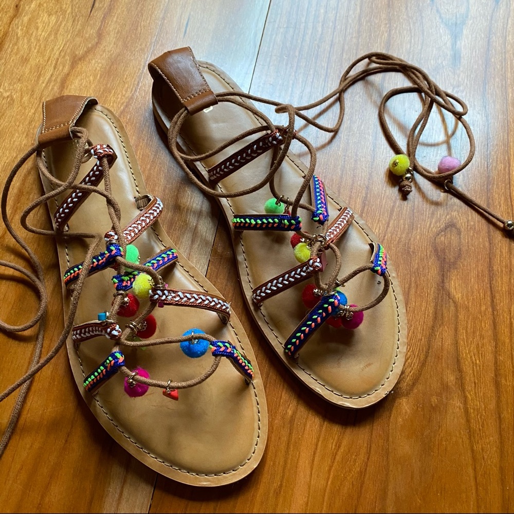 Pom Pom lace up sandals